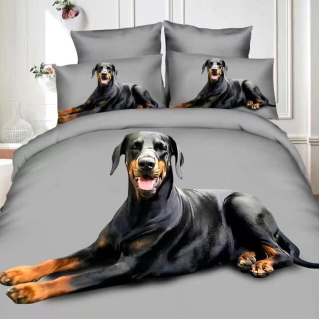 pamut ágynemű Dobermann kutyával szürke árnyalatban